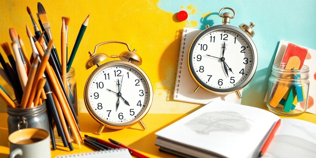 Creative workspace with tools for efficient time management.