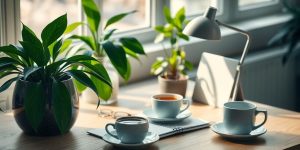 Balanced workspace with plants and coffee for relaxation.